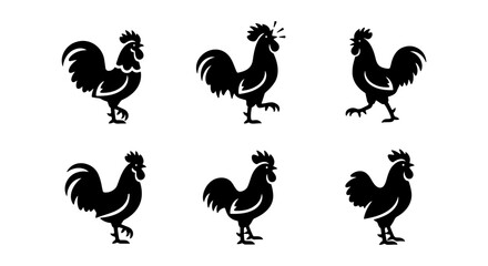 Black rooster silhouette icons set, 6 farm cockerel vector elements, rustic poultry bird illustrations, morning crowing chicken mascots © Shorna
