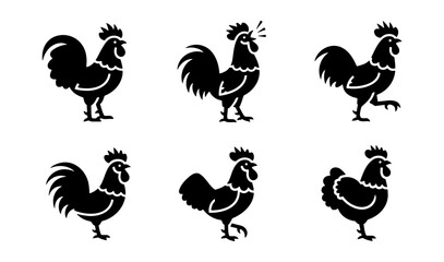 Rustic rooster silhouette icons, set of 6 farm bird vector illustrations, black cockerel and chicken silhouettes for organic food branding © Shorna
