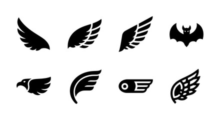 Obraz premium Minimalist black wing icons set, 8 vector wing silhouettes for logo design, eagle and bat wing graphic elements, stylized flight symbols