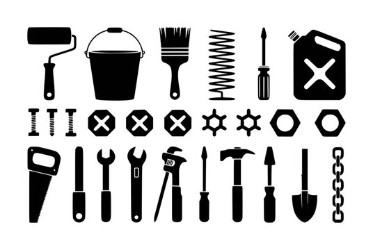 Collection of black silhouette representing various tools and hardware for construction and repair