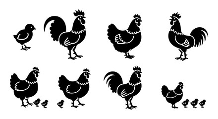 Black chicken silhouette vector set, rustic rooster and hen farm animal icons, 8 poultry bird elements for organic food branding and butcher shop logos © Labiba