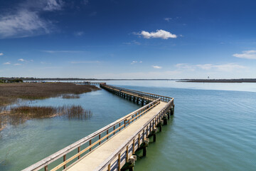 view of the boardwalk and Battery Creek at Sands Beach in Port Royal
