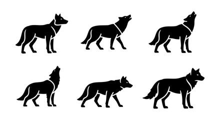 Black wolf silhouettes set, wild animal icons in various poses, howling wolf and standing coyote vector collection, 6 minimalist canine elements © Labiba