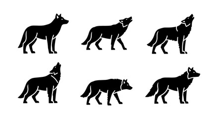 Minimalist wolf silhouette collection, black wolf icons in various poses, set of 6 wild animal vector graphics for logo design and branding © Labiba