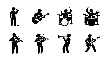 Musician silhouette icon set, 8 black pictograms of band members playing instruments, singer and drummer vector graphics for concert posters © Kawsar