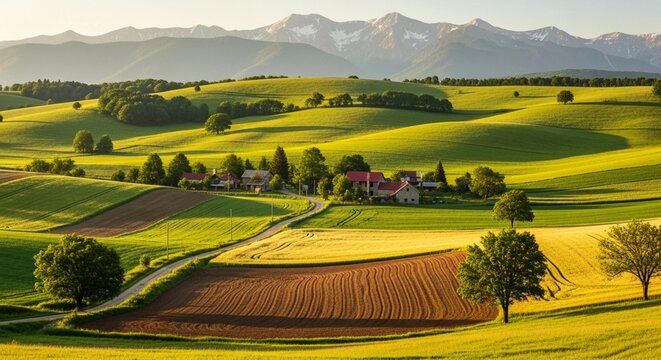 Rolling Foothills Leading to Towering Mountains, Patchwork Fields, and Serene Rural Countryside