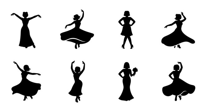 Vintage dancing woman silhouette collection, set of 8 retro female dancer icons, elegant lady in dress performing ballroom and swing dance moves