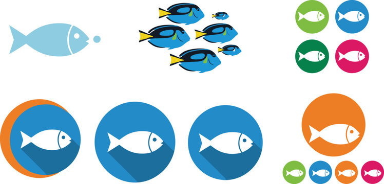 Fish icon and tropical fish vector set featuring colorful marine fish symbols, swimming fish group and ocean aquatic animal illustrations