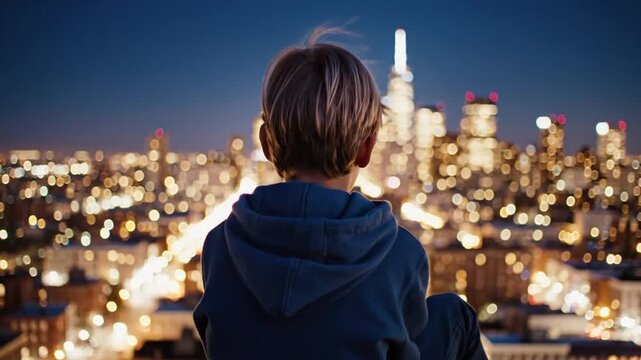 A young man sits on a rooftop overlooking a vibrant cityscape at dusk in a video showcasing urban life