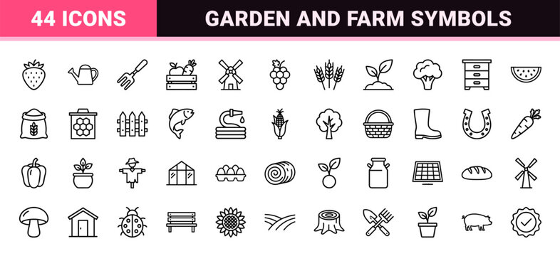 Organic farming and agriculture minimalist outline icon set