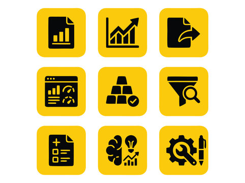 Set of Nine Business and Data Analytics Icons on Yellow Squares.