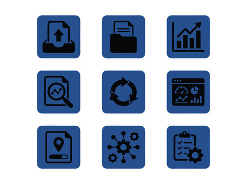 Set of Nine Business and Data Management Icons in Blue Square Frames.