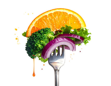 Fork impaling orange slice, broccoli, lettuce, onion rings