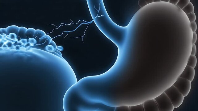 Detailed 3D CGI animation of the human digestive system showing the stomach processing food particles with glowing energy and particles on a dark abstract background Medical Education Concept