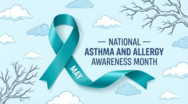 National asthma and allergy awareness month campaign illustration with a teal ribbon and cloudy background