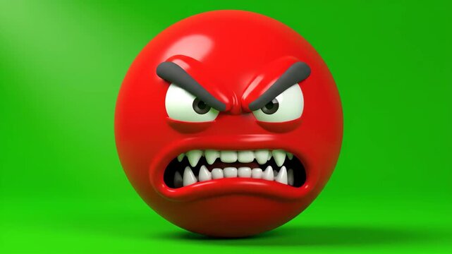 3D Angry Red Emoticon with Sharp Teeth on Green Background, Expressing Intense Anger and Frustration