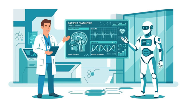 A doctor and robot engaged in a medical discussion about brain scans and technology.