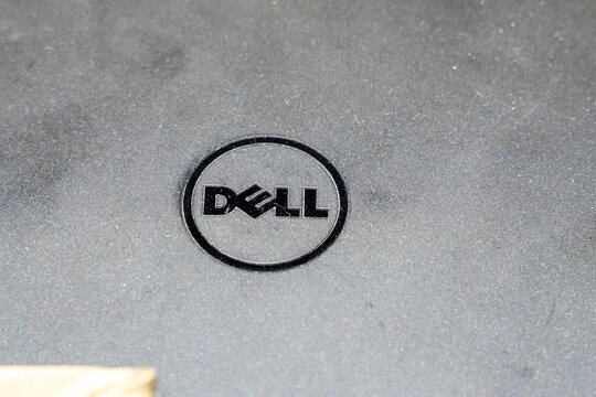 Warsaw, Poland - April 10, 2026: Close-up of the iconic DELL logo on a laptop surface, symbolizing technology, innovation, and modern computing solutions in everyday use.