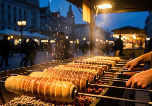 Man Cooking Chimney Cakes on Street Stall at Night