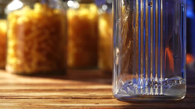Close up of water pouring into a clear glass pitcher on wooden table in warm light. Concepts of hydration, kitchen routine, beverage preparation, freshness, household use, and still life.