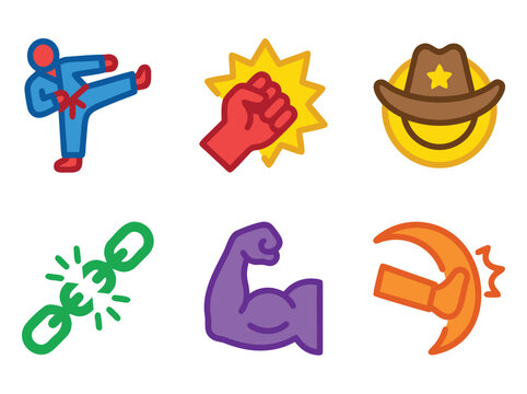 Set of six colorful flat vector icons representing various actions and symbols.