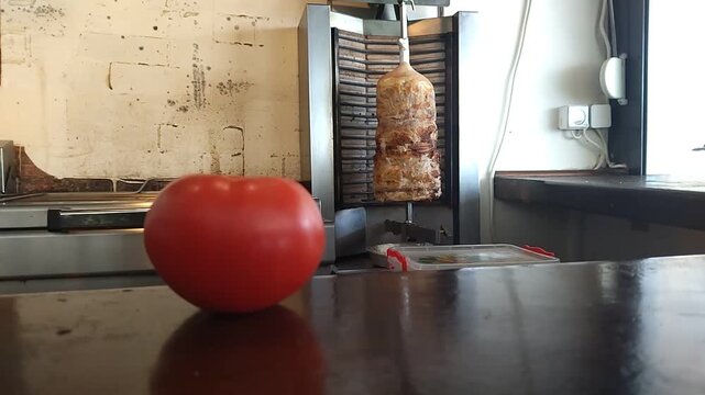 A woman's hand places a tomato on a counter. A vertical gyro machine is visible in the background. Quickly cooking meat