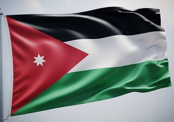 Fototapeta premium Waving flag of Jordan with black white and green stripes and red triangle isolated on white background