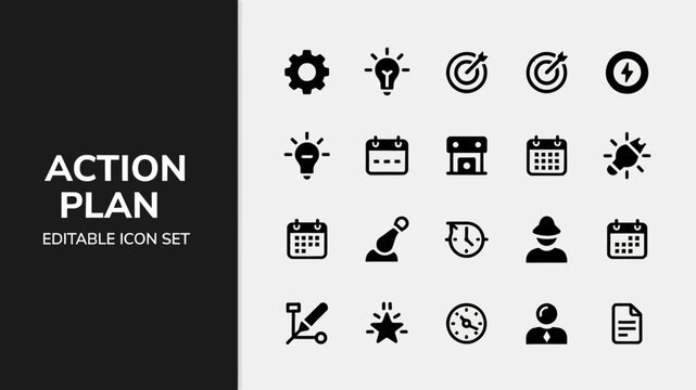 A solid black editable icon set for action plan and goal-oriented business.