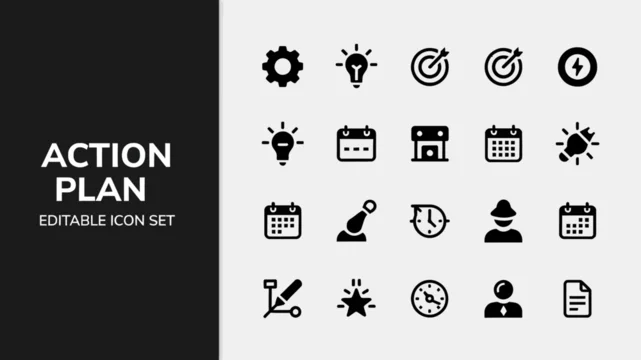 A solid black editable icon set for action plan and goal-oriented business.