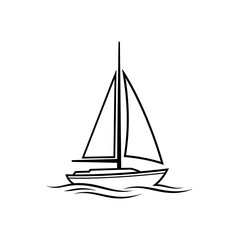 Fototapeta premium Simple Sailboat Line Art Icon - Minimalist Yacht Outline on Water Waves