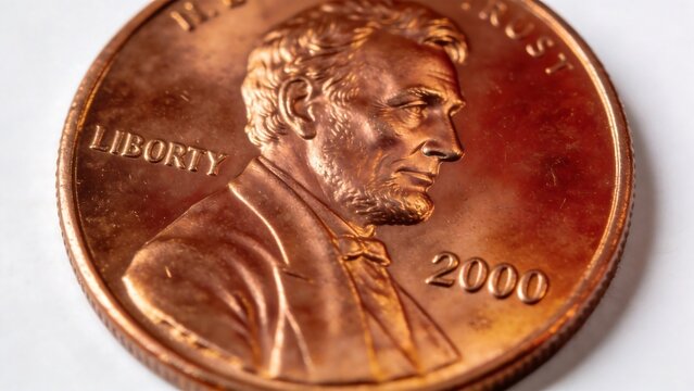 Closeup of a copper penny with Lincolns profile