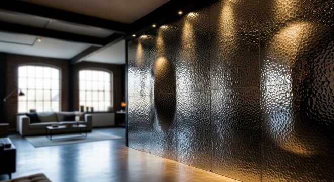 Expansive Textured Hammered Metal Wall with Ambient Lighting in a Modern Industrial Loft Interior