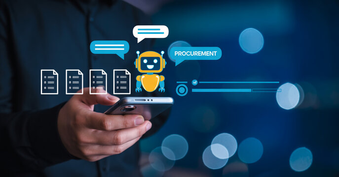 Businessman using smartphone with chat bot for procurement process and digital documents, automation concept.