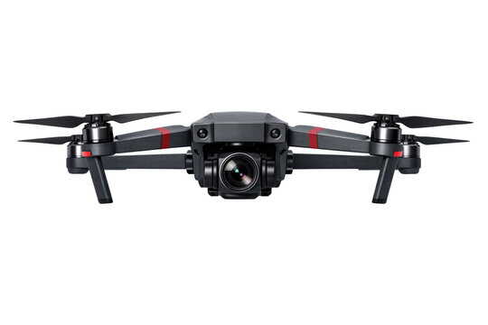 Modern black quadcopter drone with 4k camera, professional aerial photography equipment, remote controlled aircraft for surveillance and filming isolated PNG with Transparent Background