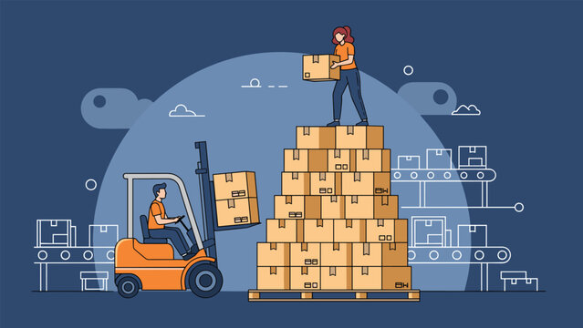 Busy warehouse environment where workers are using an orange forklift to stack brown cardboard boxes on a large wooden pallet.