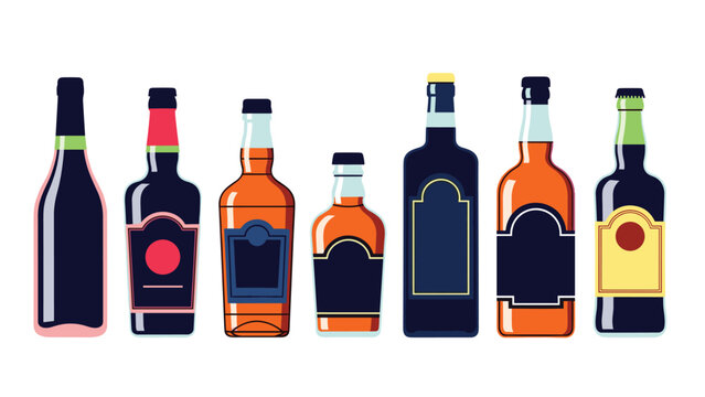 Diverse collection of liquor and wine glass bottles in various shapes and colors with stylish labels and caps in a flat design.