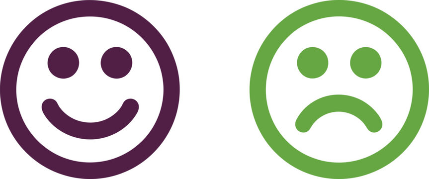 Purple smiling and green frowning circular emoticons representing positive and negative feedback for customer service evaluation