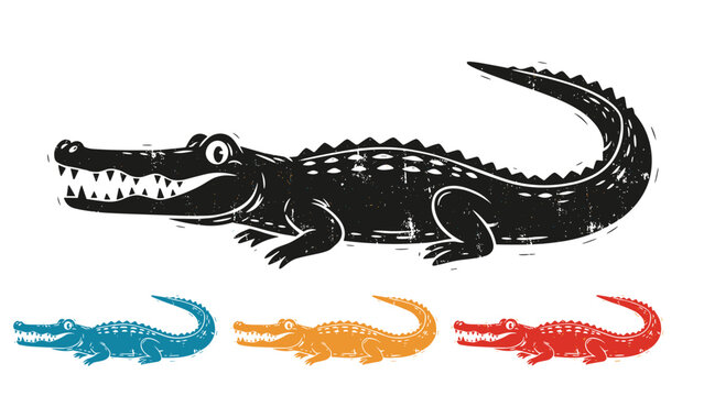 Stylized crocodile illustration in black white blue orange and red colors features a distressed woodcut texture effect.