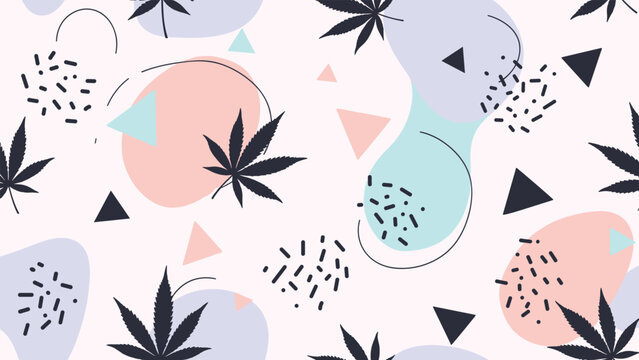 Memphis style pattern featuring cannabis leaves and abstract geometric shapes in soft pastel colors provides a trendy background.