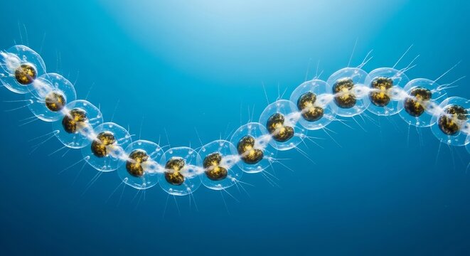 Chain of Siphonophores Floating Gracefully in Deep Blue Ocean Waters.