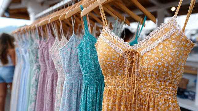 Colorful summer dresses displayed on hangers in outdoor boutique  