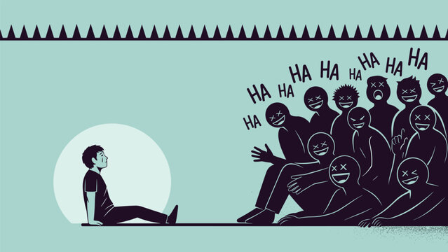 Silhouette of a lonely person sitting on the floor while a group of shadowy figures mock and laugh at him in unison.