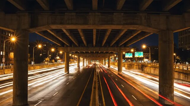 Long exposure of highway with streaks of light under concrete overpass at dusk in a city