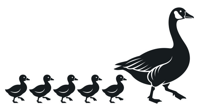 Canada Goose Family Silhouette with Mother and Goslings Following in a Row, Leadership and Parenting Concept Vector Illustration
