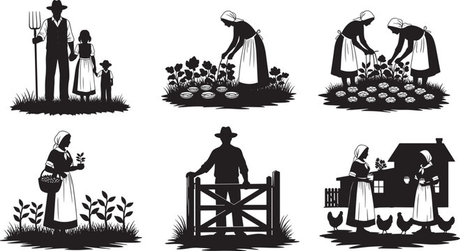 Traditional rural farming village life silhouette illustration set, featuring agricultural workers, peasants harvesting, gardening, livestock, and peasant family vector graphics.