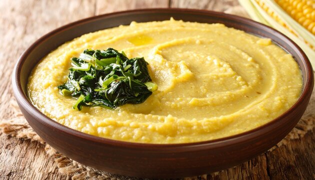 Malawian Nsima Cornmeal with Vegetable Relish. Traditional African Food