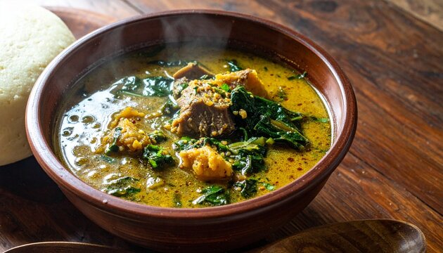 Nigerian Egusi Melon Seed Soup with Spinach. Traditional African Food