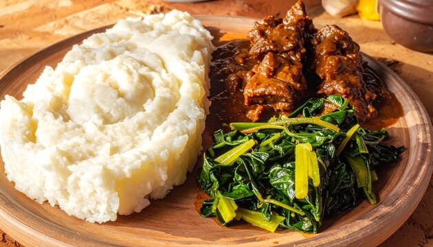 Zimbabwean Sadza Cornmeal with Beef Stew. Traditional African Food