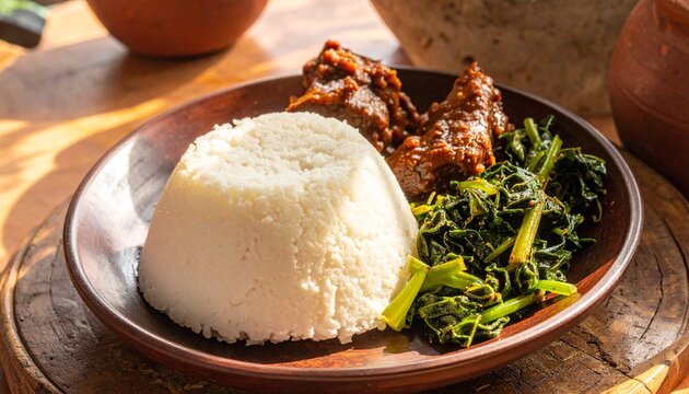 Zimbabwean Sadza Cornmeal with Beef Stew. Traditional African Food