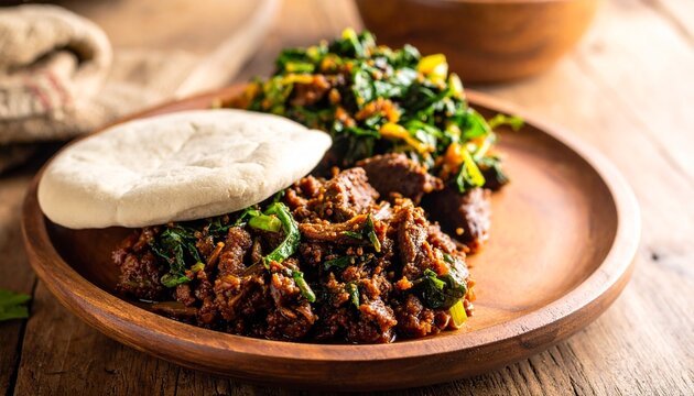 Zimbabwean Sadza Cornmeal with Beef Stew. Traditional African Food